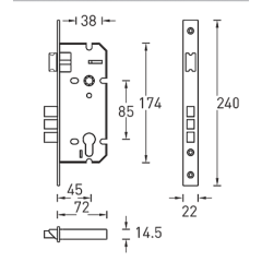 Замок врезной L01-45-70 B, матовое золото